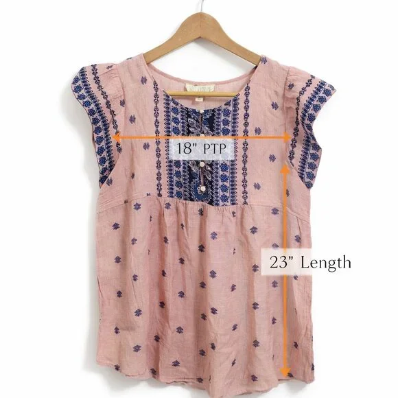 Sweet Wanderer Boho Peasant Top Medium Pink Blue Print Flowy Lightweight - Picture 3 of 8